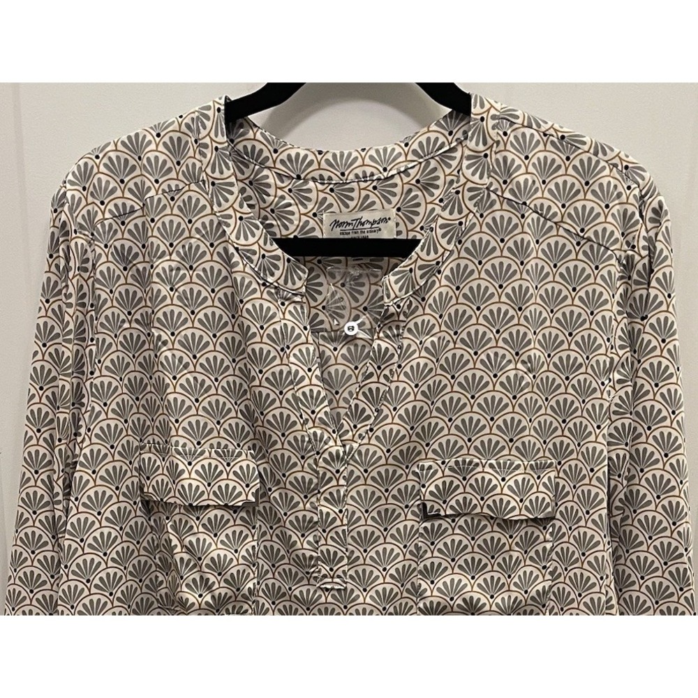 Norm Thompson 2x Gray Cream Pullover Blouse Long Sleeve Relaxed Geometric Career